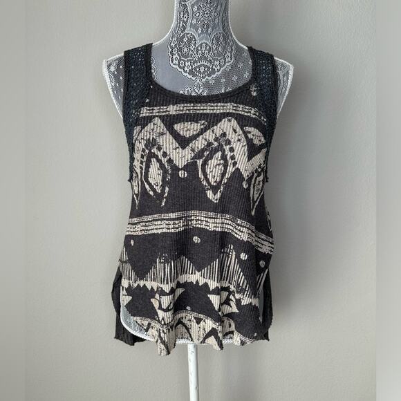 FREE PEOPLE Crochet Back Tribal Print Flowy High Low Scoop Hem Pleated Tank Top - Picture 1 of 2